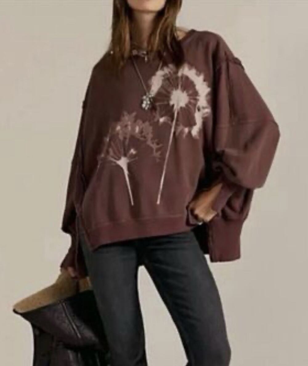 We The Free Graphic Camden Pullover Brown Dandelion Print Sz M Slouchy Relaxed